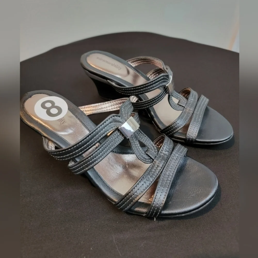 Sole Senseability Justine Black‎ & Silver Wedge Sandals Size 8